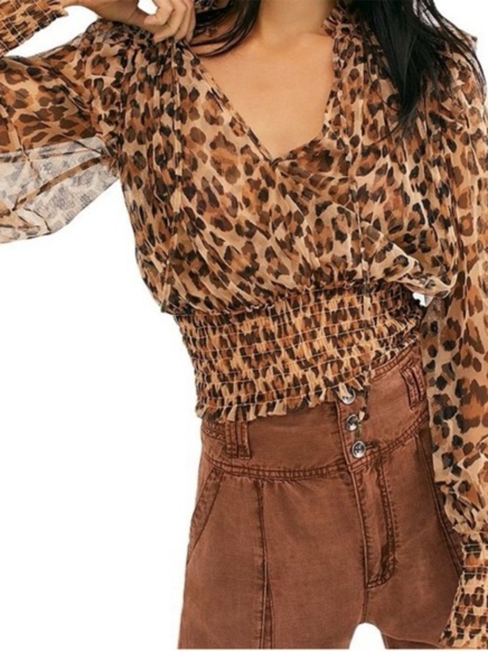 Free People Leopard Print Smocked Waist Blouse - Brown/Tan